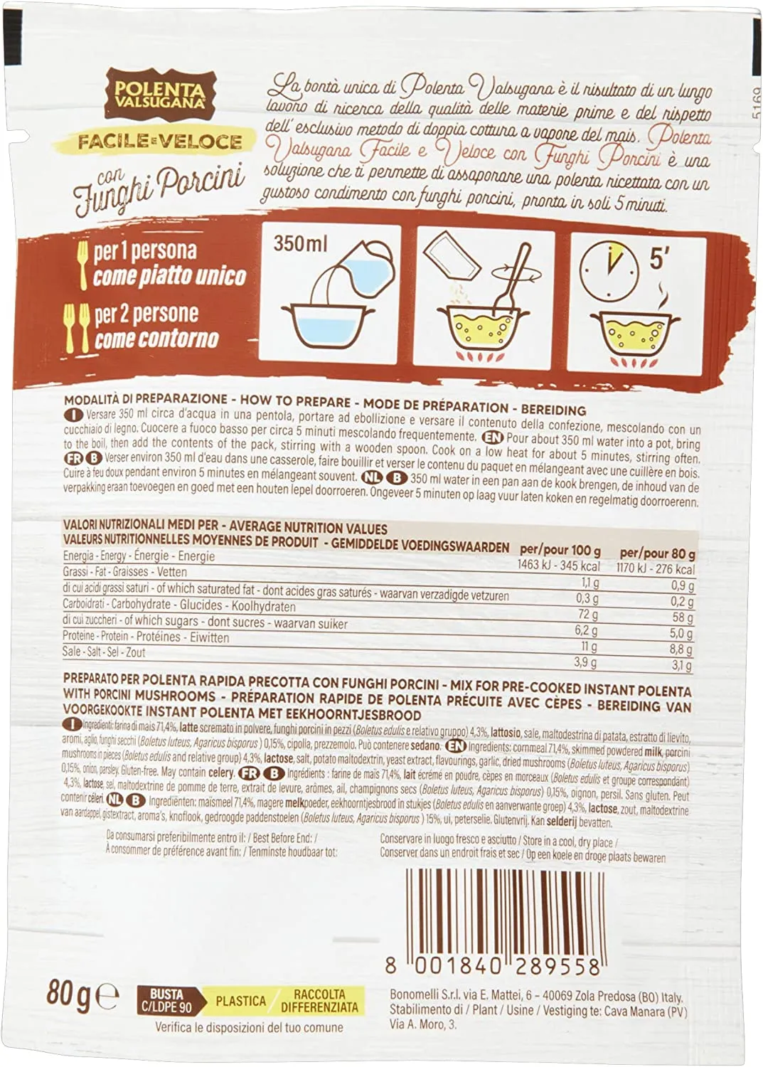 VALSUGANA POLENTA CON FUNGHI PORCINI 80 GR - immagine 2