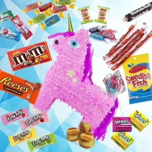 Pinata Unicorno Rosa grande con snack di brand americani