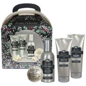 Cofanetto TESORI D’ORIENTE MUSCHIO BIANCO profumo 100ml + doccia crema 75ml + crema corpo 75ml + bomba da bagno