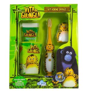 Mr. WHITE KIT VITA DA GIUNGLA spazzolino da denti luminoso + dentifricio 50ml + bicchiere +personaggio 3D