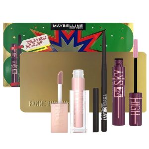 Cofanetto donna MAYBELLINE NATALE CON CHI VUOI mascara Sky High burgundy haze + lifter gloss ice + matita occhi Lasting Drama + make up box