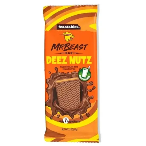 MrBeast Bar Deez Nutz Feastables, tavoletta di cioccolato con burro d’arachidi 60g